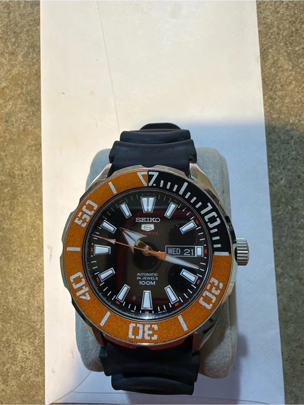 Seiko Black Dial Watch with Orange Bezel sport5